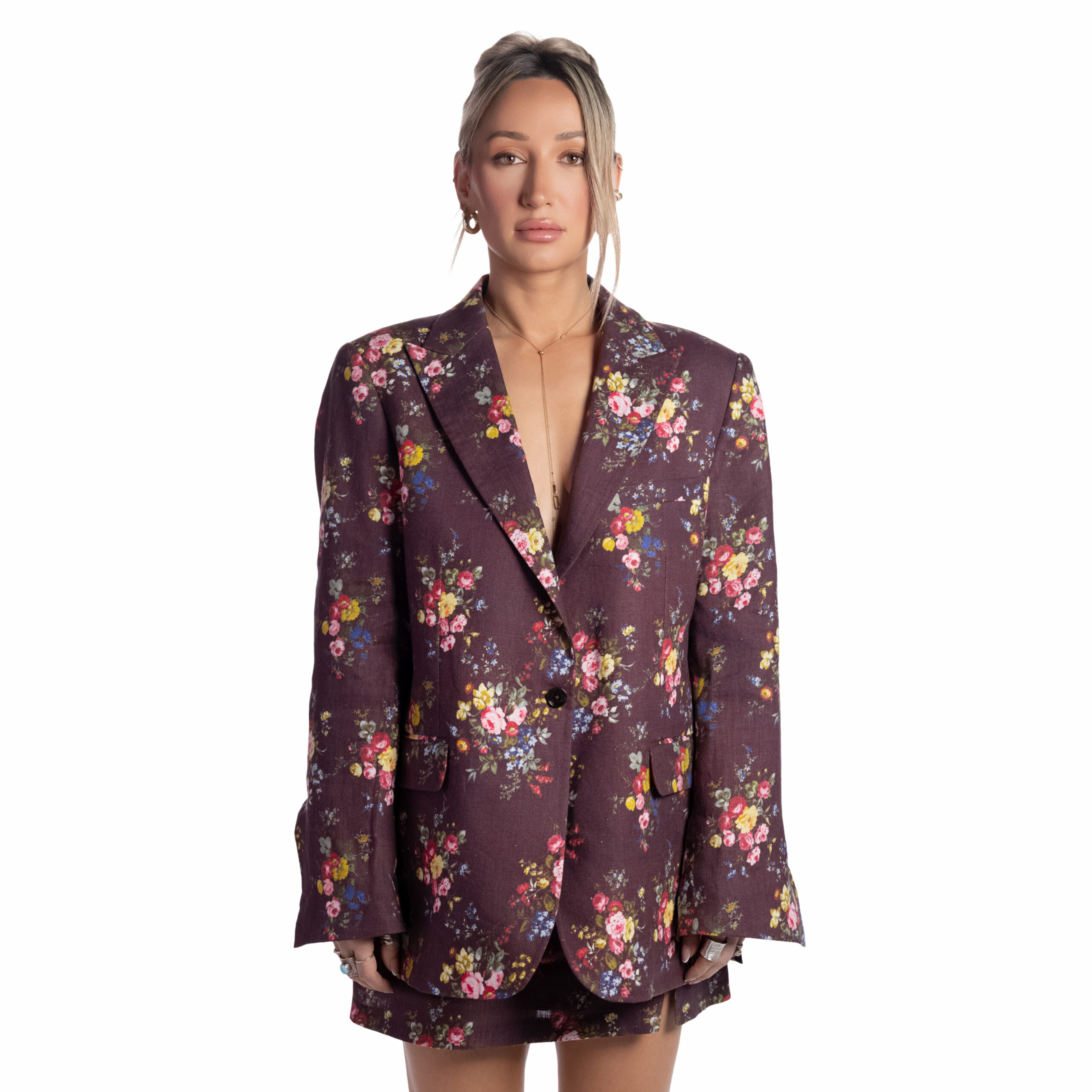 Meraki0076-scaled-1 Classic Maroon Floral Linen Blazer - Image 1