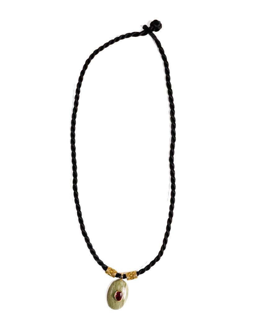 Black Cord Necklace, Small Green Pendant