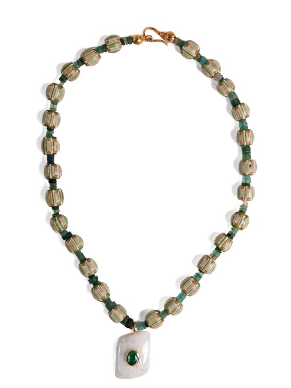 Green Bead Necklace with White Pendant