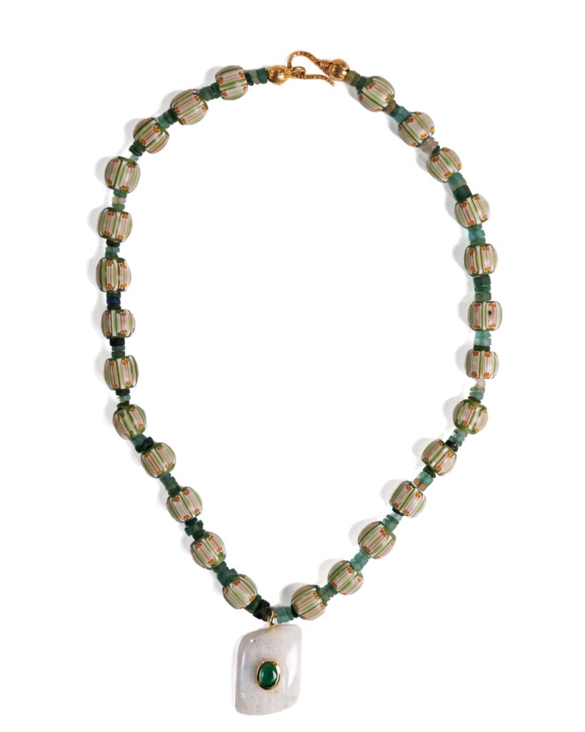 Green Bead Necklace with White Pendant