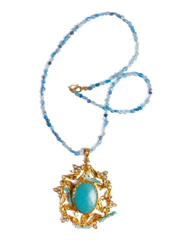 Blue Bead Necklace with Turquoise Sun Pendant
