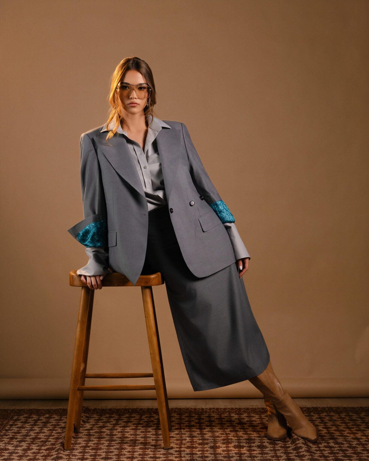 New York Grey Set: oversized grey blazer with turquoise cuffs and a matching midi skirt