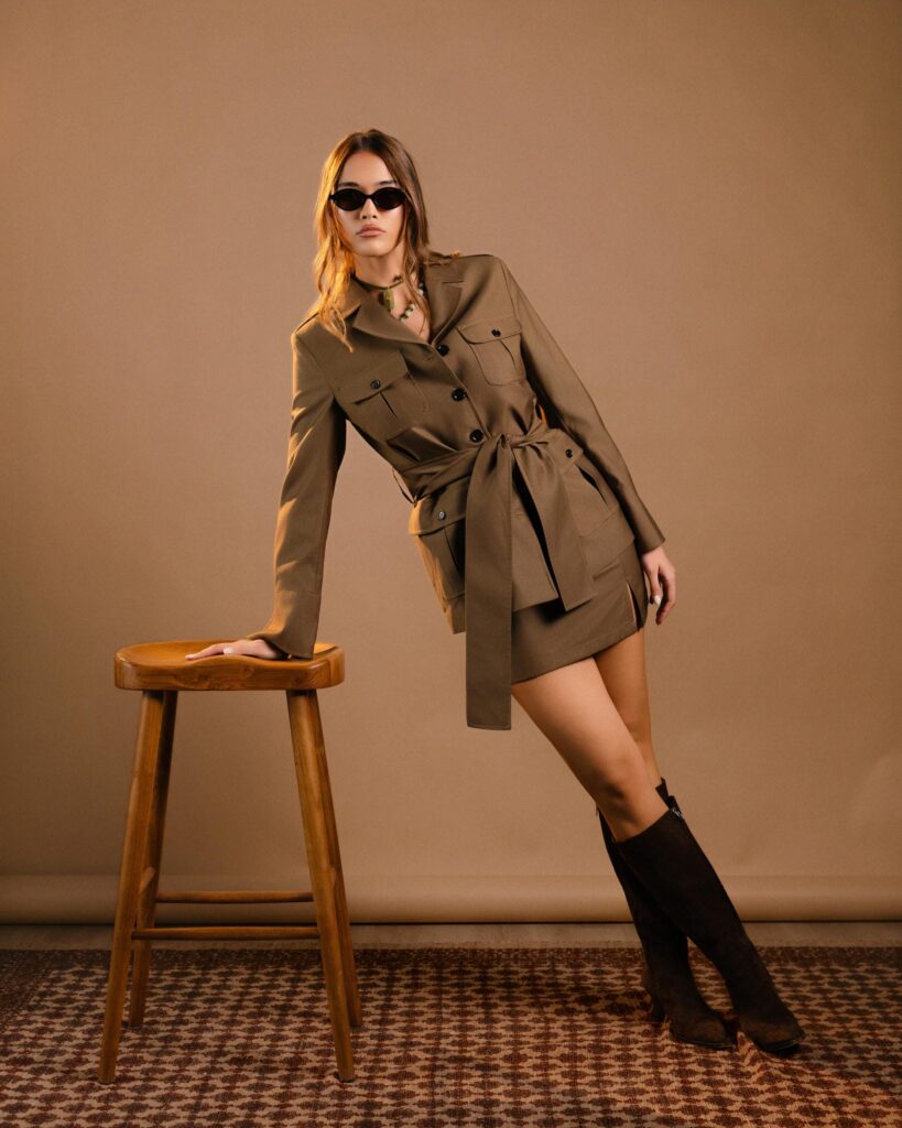 Forest Green Safari Set: belted safari jacket and mini skirt worn with brown suede boots